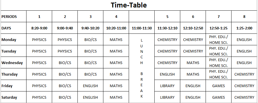 Class Time Table | Welcome to Remal Public School